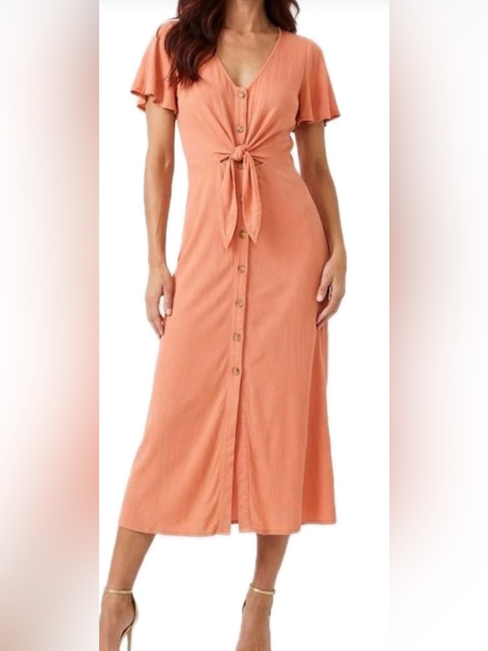 Mimi Chica Coral Button-Front Tie Midi Dress